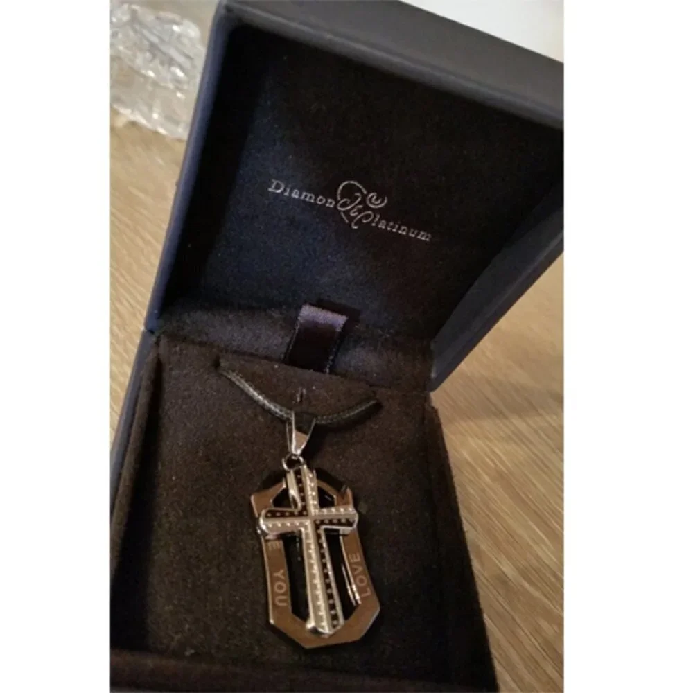 Stainless Steel Cross Charm Pendant Necklace on a Cord UNISEX Modernist Style.